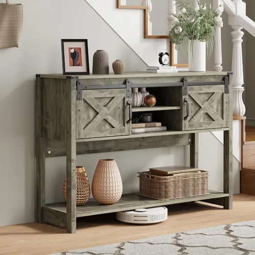 Vista 12 de Mesa consola de granja con estante de almacenamiento y puerta corrediza de granero, mesa de entrada de madera con almacenamiento, mesa de sofá larga