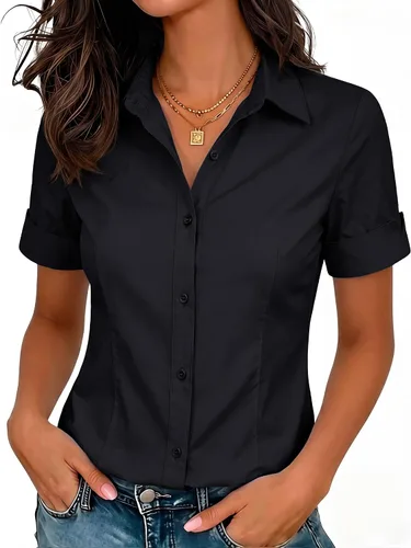 Vista 23 de siliteelon Camisas de vestir de manga corta con botones para mujer, camisas de algodón con botones para mujer, blusa ajustada de manga 3/4 Beige