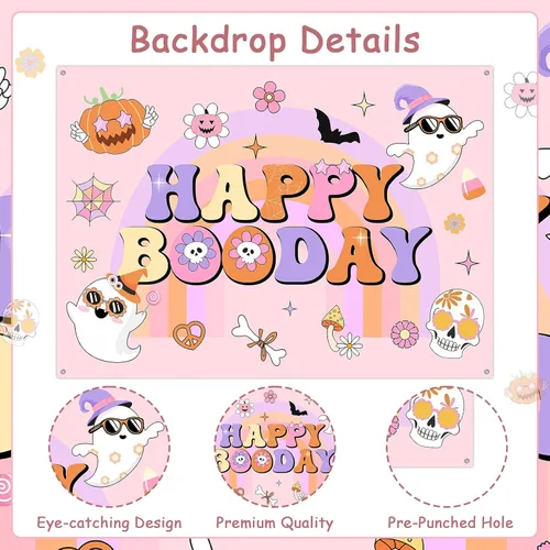 Vista 5 de Groovy - Decoración de fiesta de cumpleaños de Halloween, 7 x 5 pies, pancarta de fondo de feliz día de abucheo para niña, decoración bohemia arco