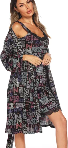 Vista 3 de ENJOYNIGHT Conjunto de bata sexy con cuello en V de 2 piezas para mujer, camisón de lencería con batas, conjunto de pijama de encaje