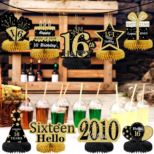Vista 6 de 9 piezas de decoración de cumpleaños negro dorado 16 centros de mesa de panal para niños y niñas, centros de mesa de feliz cumpleaños 16 Oro negro 16