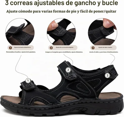 Vista 5 de Jousen Men's Leather Hiking Sandals with Arch Support Sandalia Playa Casual 662-negro