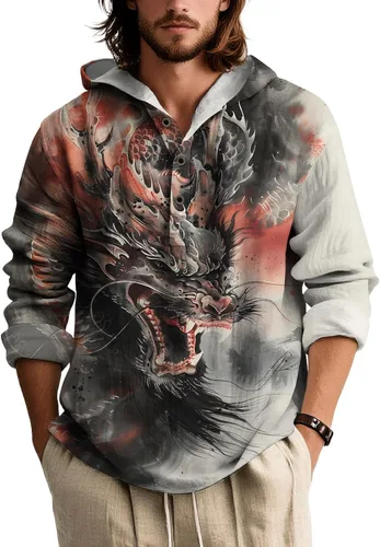 Vista 8 de Sudadera con capucha con estampado novedoso para hombre, multiestilo, manga larga, casual, con botones de un cuarto