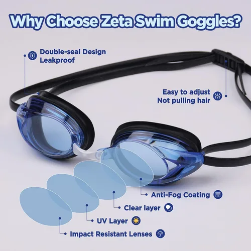 Vista 4 de Zetaproswim School Gafas de natación, gafas de natación para adultos, mujeres y hombres, antivaho anti-UV, sin fugas, 1 paquete