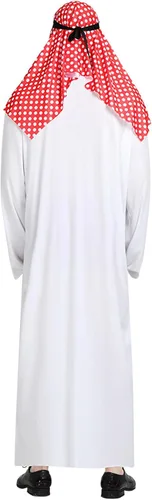 Vista 5 de Disfraz de jeque árabe árabe para hombre, de manga larga, túnica de Oriente Medio con bufanda para la cabeza, conjunto para Halloween Estampado