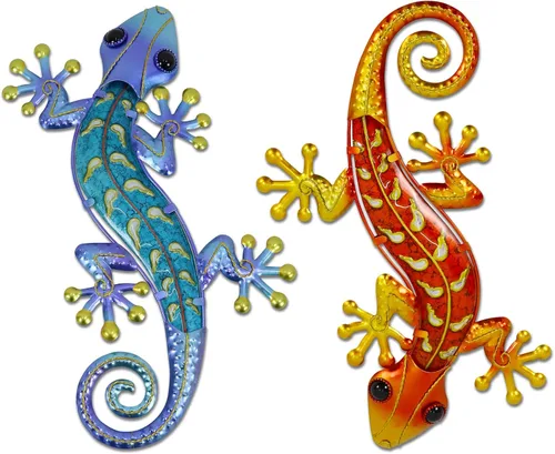 Vista 12 de HONGLAND Arte de pared de Gecko de metal, 2 unidades de lagarto de 15 pulgadas, decoración para exteriores, escultura de vidrio colgante, decoración
