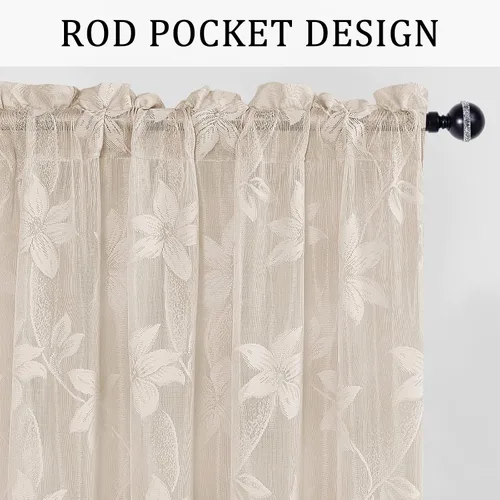Vista 2 de DWCN Paquete de 2 cortinas traslúcidas pequeñas de encaje floral beige para cocina, cortinas traslúcidas ligeras con bolsillo para barra, cortinas