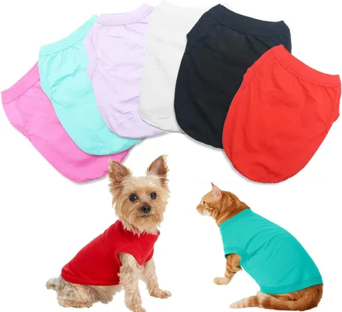 Vista 7 de Paquete de 6 camisetas de Yorkie Clothes lisas para perros, 100% algodón, ropa para cachorros pequeños, camiseta en blanco para perros y gatos, XS