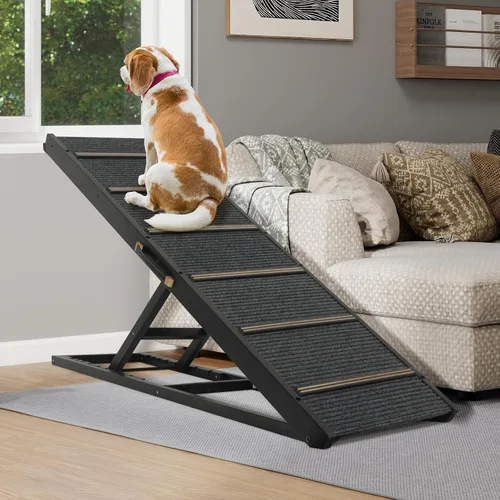 Vista 8 de Rampa para Mascotas Plegable Portátil de Madera para Perros y Gatos para Sofá o Cama, Incluye Alfombrilla Antideslizante y Rieles Laterales