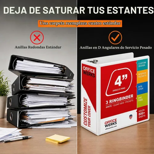 Vista 3 de Paquete de 2 carpetas de 3 anillos de 4 pulgadas, capacidad para 800 hojas, anillo en D resistente, color blanco