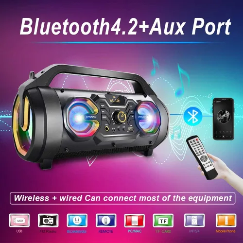 Vista 2 de Altavoz Bluetooth, Boombox Bluetooth portátil de 30 W con subwoofer, radio FM, luces coloridas RGB, ecualizador, sonido estéreo, graves potentes