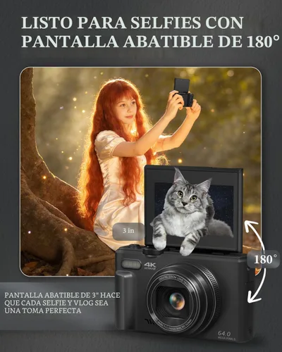 Vista 5 de Cámara digital 4K para principiantes y adolescentes, cámara de enfoque automático para vlogging con pantalla abatible de 180°, zoom 18X, cámara