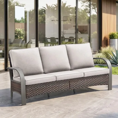 Vista 10 de Rilyson 3 Seat Outdoor Wicker Couch, Rattan Patio Sofa with Grey Cushions Brown/Grey