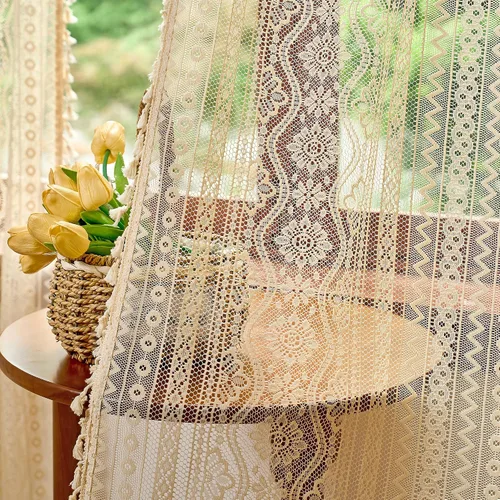 Vista 8 de MYSKY HOME Cortinas de encaje beige para puerta francesa de 40 pulgadas de largo, 2 paneles de cortinas florales bohemias transparentes para puerta