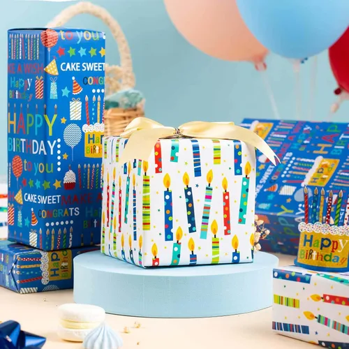 Vista 5 de Homeral Rollo de papel de regalo azul para cumpleaños - 17 pulgadas x 16.5 pies, con letras reversibles de "Feliz Cumpleaños" y velas coloridas.
