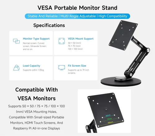 Vista 2 de VESA Soporte portátil para monitor, compatible con monitores de hasta 19 pulgadas, soporta agujeros de montaje VESA de 50 x 50/75 x 75/100 x 100