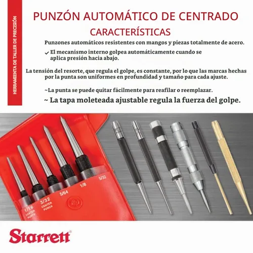 Vista 2 de Starrett Punzón central automático de acero, 5 "de longitud, 9/16" diámetro del sacador Con carrera ajustable, ligero, mango de acero moleteado