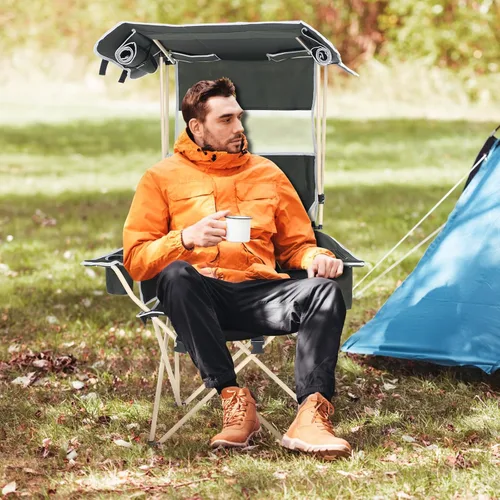 Vista 2 de Silla de camping con toldo, sillas deportivas para adultos, silla de toldo con reposapiés extraíble, silla de pesca en hielo con portavasos