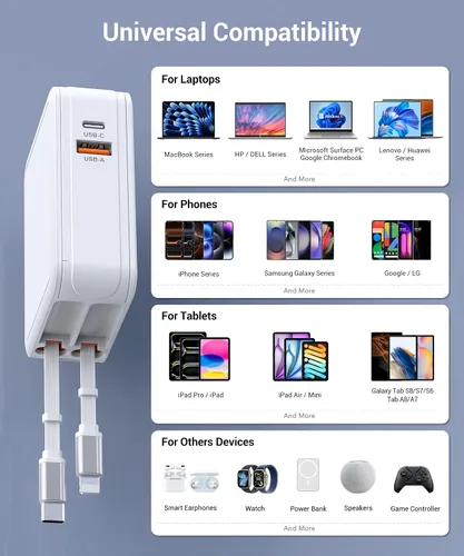 Vista 8 de Cargador USB C retráctil de pared con cables tipo C, carga rápida de 65 W, multipuerto de ladrillo esencial de viaje para Mac Book Pro/Air, iPhone