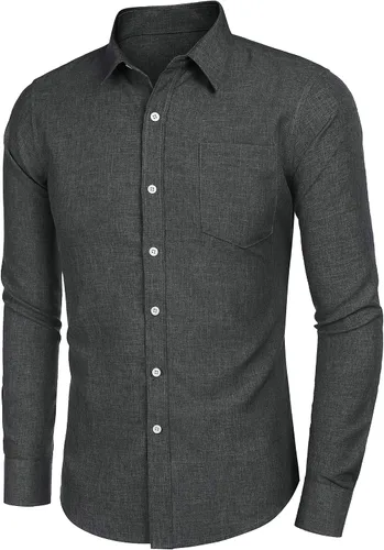 Vista 3 de COOFANDY Camisa casual con botones para hombre, camisa de cambray de lino de manga larga