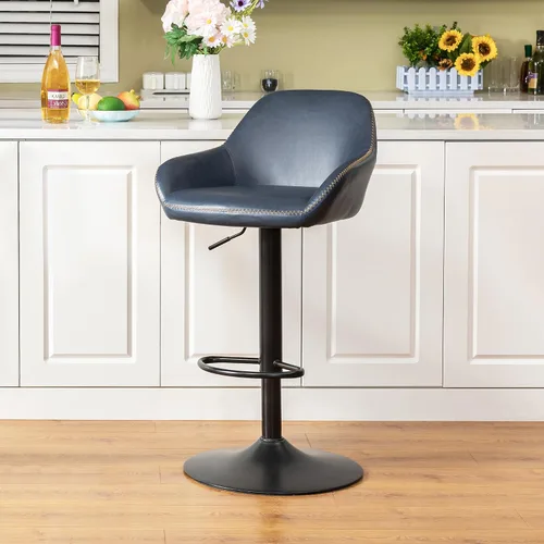 Vista 17 de Glitzhome Taburete de bar giratorio, taburetes de bar ajustables con soporte trasero y reposapiés, silla de bar tapizada de piel sintética