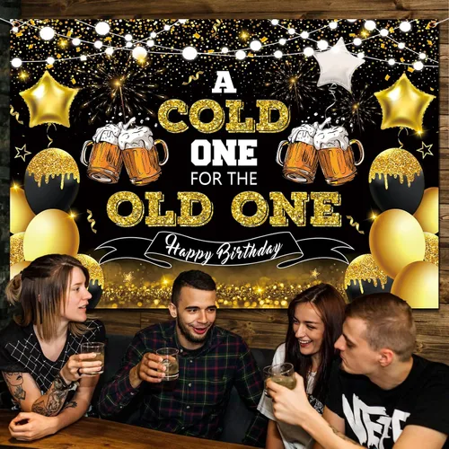 Vista 2 de Decoraciones de fiesta de cerveza, telón de fondo de feliz cumpleaños negro y dorado para hombres, un frío para el anciano, pancarta de fondo