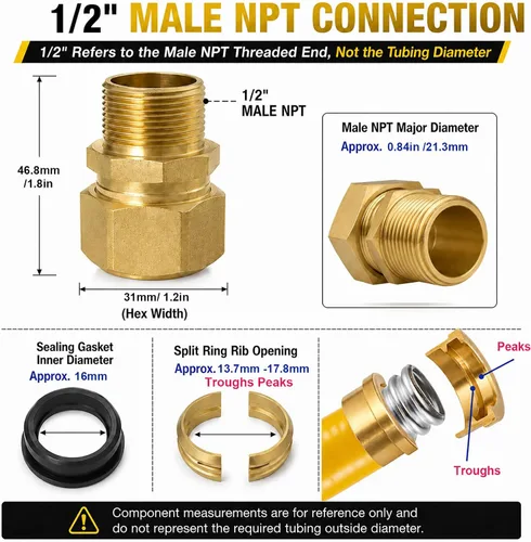 Vista 3 de Paquete de 4 accesorios de latón macho NPT de 1/2 pulgada para tubos de gas corrugado compatibles, kit de adaptador de terminación CSST con junta