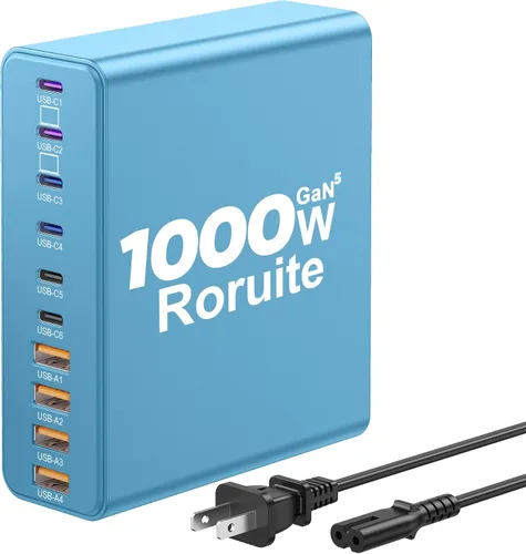 Vista 10 de Estación de carga USB C de 1000W, bloque de cargador USB C súper rápido de 120W PD GaN5 Type C for PC Laptop MacBook Pro/Air 10 Port Charger