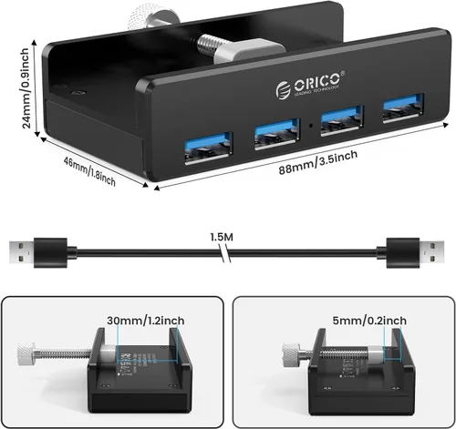 Vista 6 de ORICO Hub USB 3.0, Abrazadera de Hub USB, Divisor USB de Aluminio de 4 Puertos con Puerto de Fuente de Alimentación Adicional y Cable de Datos USB