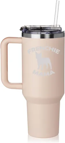 Vista 5 de Daylor Vaso de 40 onzas con asa y tapa con pajilla, taza de viaje aislada de acero inoxidable, taza de viaje Frenchie Mama French Bulldog (negro)