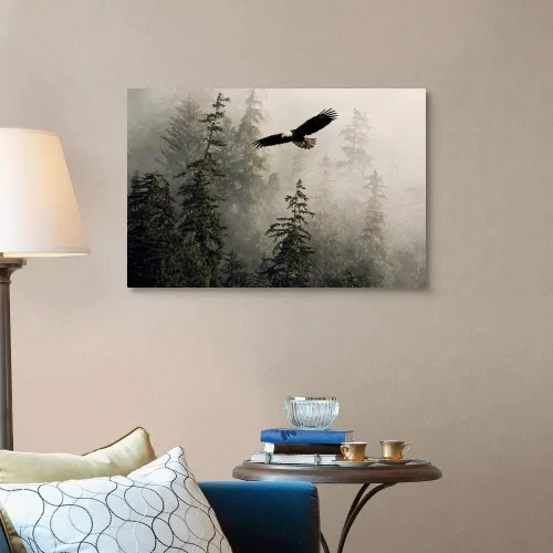 Vista 3 de Lienzo decorativo para pared, diseño de águila calva volando a través de Misty Tongass, ilustraciones de águila Lienzo envuelto