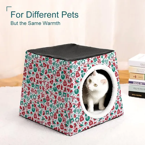 Vista 7 de Cama de tres usos para gatos, sofá plegable para gatos, refugio para gatos, juguete rascador con cojín extraíble con patrón navideño