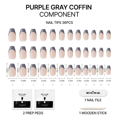 Vista 5 de MUZMAK Uñas postizas reutilizables a presión, color gris morado, uñas largas cuadradas a presión, uñas postizas de punta francesa morada