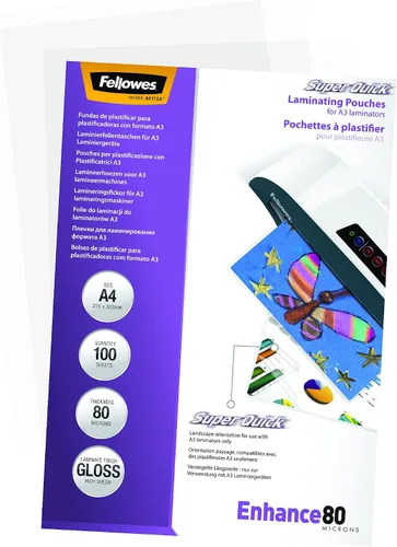 Vista 3 de Fellowes Enhance A4 - Bolsas de laminación superrápidas brillantes (80 micrones, 100 unidades)