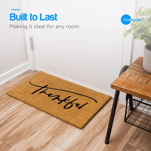 Vista 5 de PLUS Haven Tapete de Fibra de Coco para Puerta de Entrada del Hogar – 17.5" x 30" Tapete de Puerta "Thankful" Resistente