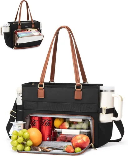 Vista 8 de LOVEVOOK Bolsa de mano para profesores, bolsa para laptop para mujer con portavasos grande y área de archivo de acordeón, bolsa de trabajo