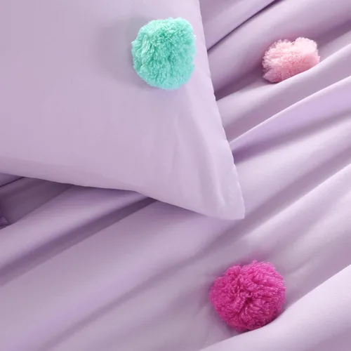 Vista 6 de HOMBYS - Juego de colcha con pompones para niñas, 5 piezas, estilo bohemio, para todas las estaciones, tamaño individual/individual XL, color púrpura