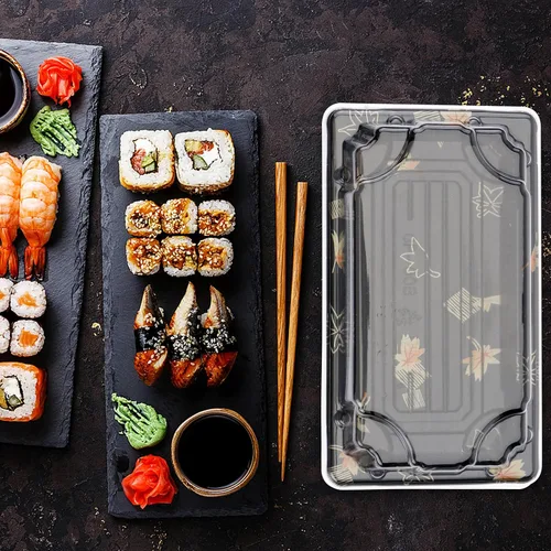Vista 5 de Yardwe Caja de sushi desechable con tapa, 100 recipientes para sushi, frutas, postres, pasteles, cajas de almacenamiento de alimentos negras