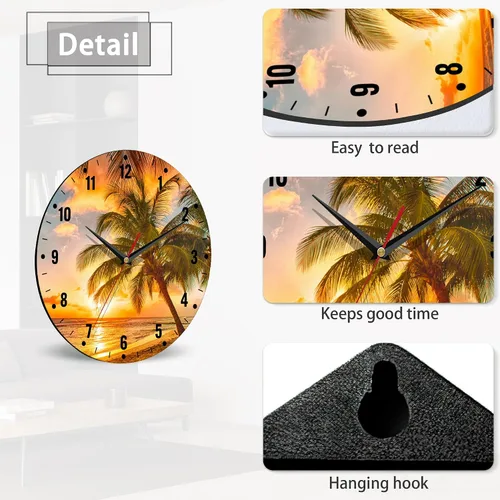 Vista 4 de SPUNKER Relojes de pared, reloj de pared de 10 pulgadas, diseño de palmeras y atardecer, funciona con pilas, pequeños relojes de pared decorativos