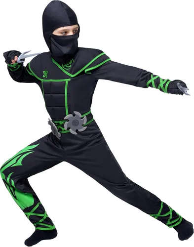 Vista 5 de Spooktacular Creations Disfraz de ninja para niños, conjunto de lujo de Ninja muscular, disfraz unisex de Kungfu de Halloween con accesorios de Verde