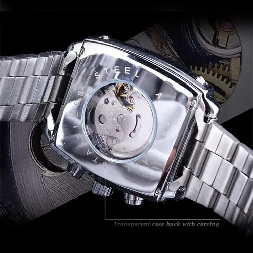 Vista 6 de FANMIS Reloj de pulsera analógico automático de acero inoxidable con fecha oblonga plateada para hombre, Mecánico