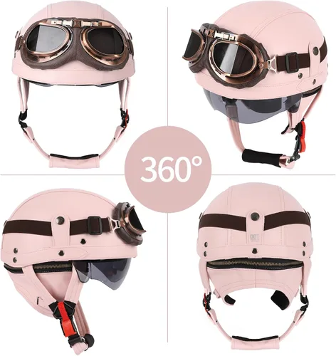 Vista 3 de Casco de motocicleta rosa, medio casco de cuero de estilo alemán, casco de motocicleta para mujer, aprobado por DOT, casco de media cara con gafas