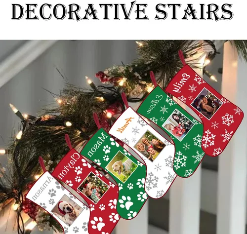 Vista 5 de Calcetines de Navidad personalizados con foto de nombre, imagen de perros y mascotas, patas de perro, calcetines de Navidad, decoración colgante