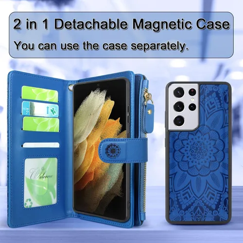 Vista 3 de Harryshell Cartera magnética desmontable con cremallera de piel, bolsillo para efectivo con 12 ranuras para tarjetas, correa de muñeca para Samsung