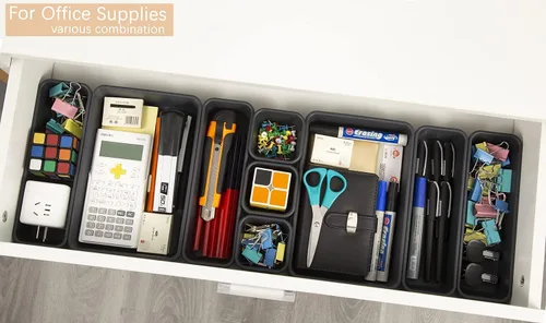 Vista 4 de Kutesna 15 piezas de separadores para cajones de escritorio entrelazados, organizador para oficina, baño, cocina, maquillaje (negro)