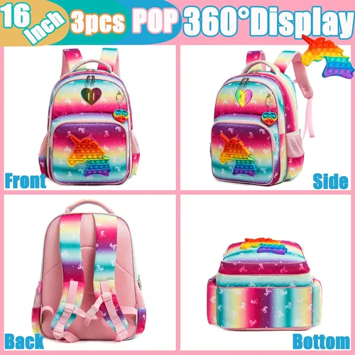 Vista 4 de Mochila para niñas primarias preescolares lonchera para la escuela Bolsa de unicornio