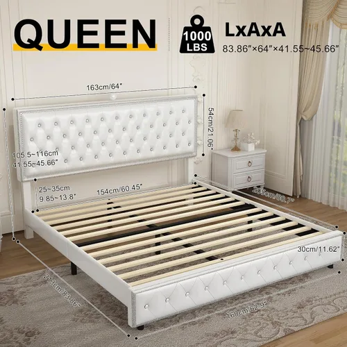 Vista 2 de Base de cama de plataforma tapizada tamaño Queen con cabecera LED, proyector de estrellas integrado y cabecera ajustable, no necesita somier, fácil