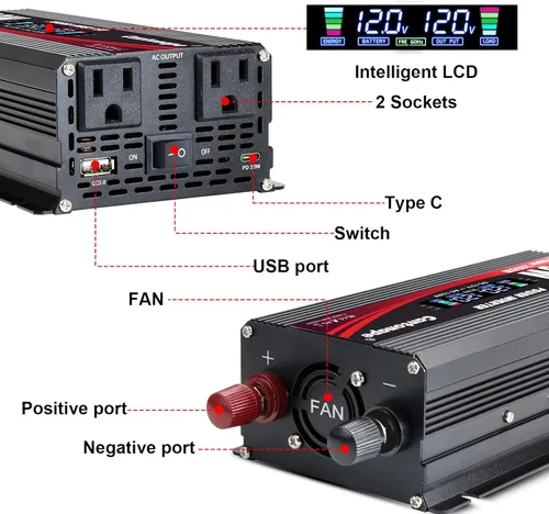 Vista 3 de Cantonape 1000W/2000W (Peak) - Inversor de corriente de auto DC 12 V a 110 V AC convertidor con pantalla LCD enchufe AC Dual y cargador USB dual