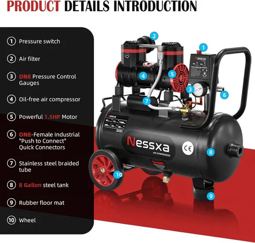 Vista 11 de Compresor de aire ultra silencioso de 8 galones, 1.5HP 4.52 CFM, tanque de compresor de aire sin aceite máximo de 115 PSI para reparación