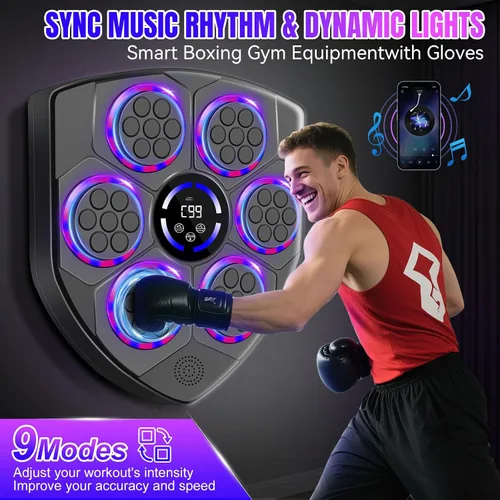 Vista 5 de Máquina de Boxeo Musical Inteligente laapee con Ritmo LED – Montada en Pared para Adultos y Niños – Incluye Guantes para Adultos, Diadema y 3